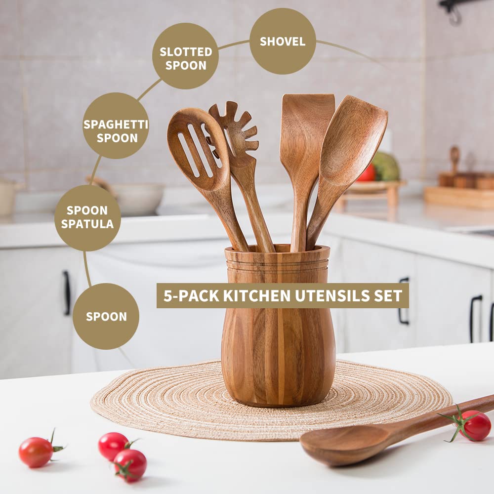 Exquisitos utensilios de cocina de madera para cocina, juego de 5, juego de utensilios de cocina de madera de acacia de 12 pulgadas, utensilios de cocina que incluyen cuchara, espátula de cuchara