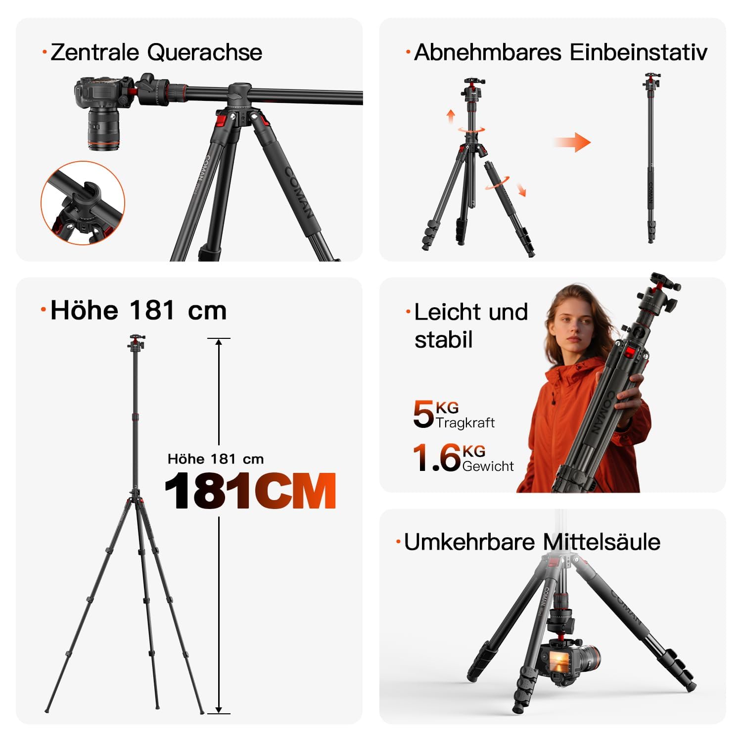 COMAN Treppiede Orizzontale Per Fotocamera con Colonna Centrale Etesta a Sfera a 360 Gradi, Monopiede Regolabile in Altezza di 181cm, con Piastra a Sgancio Rapido Arca, Capacità di Carico Massima 5kg