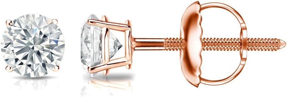 1/6 to 2 Carat Diamond Round Stud Earrings in 14k Rose Gold Screw Back (cttw, White, I2-I3) 4-Prong Basket by Diamond Wish