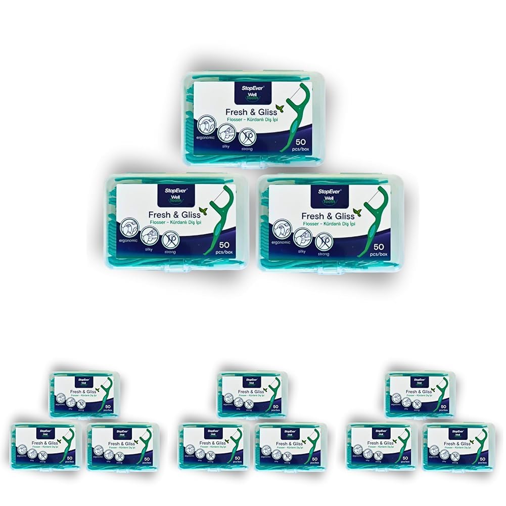 StopEver Fresh & Gliss Kürdanlı Diş İpi 3'lü Paket (150 Adet) | Nane Aromalı | Diş Arası Temizliği, Ağız Hijyeni ve Günlük Kullanım için İdeal | Plastik Kutulu ve Taşıma Kılıflı Hediyeli (4 paketi)