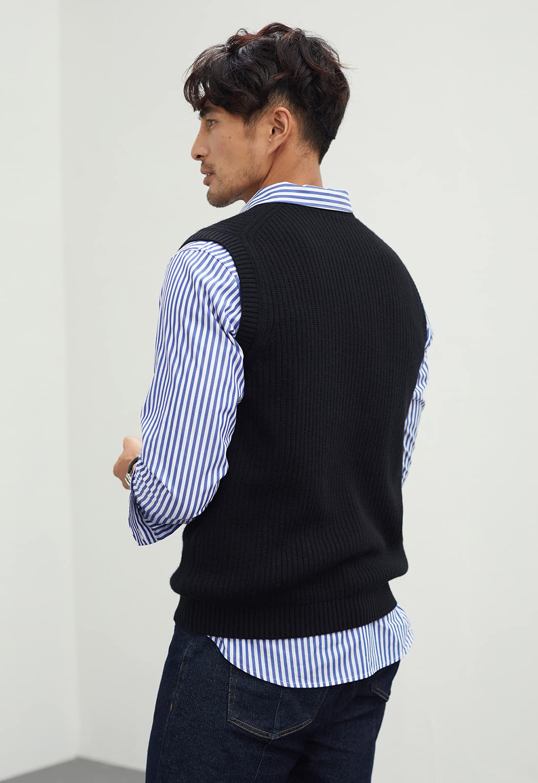 Pull en tricot à col en V uni sans manches pour homme Coupe ample