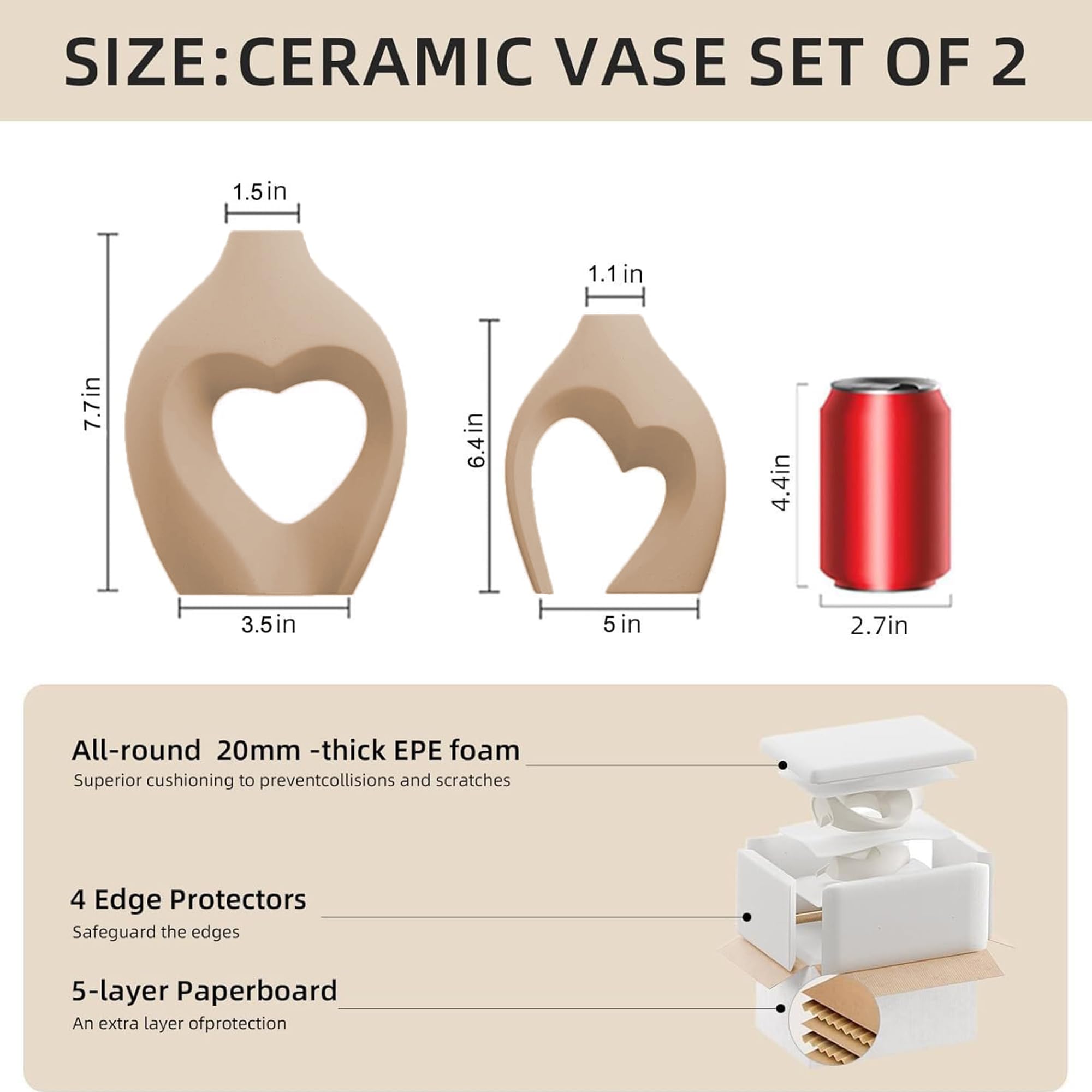 Zormon Braune Herz Vasen aus Keramik (2er Set) - Skandinavisches, Minimalistisches Deko-Set für Hochzeit & Wohnen