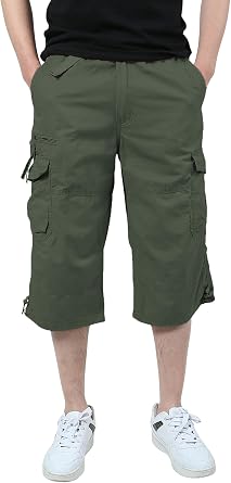 Mens 3/4 Cargo Shorts Elastic Below Knee Capri Long Shorts Casual Loose Fit with 7 Pockets