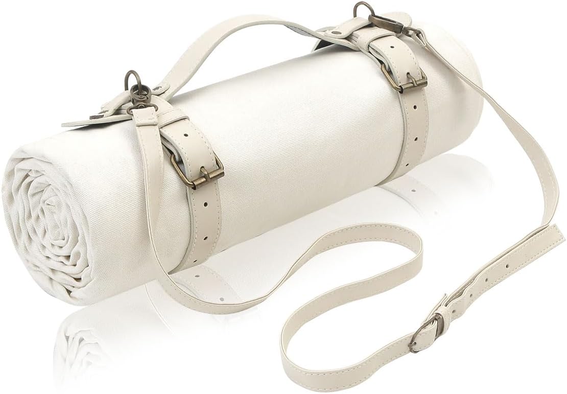 4'9”x 6'3” White Picnic Mat - 100% Cotton Canvas, Wedding Bride Groom Gift, Lightweight Outdoor Camping Mat with Vegan Leather Shoulder/Hand Carry Strap