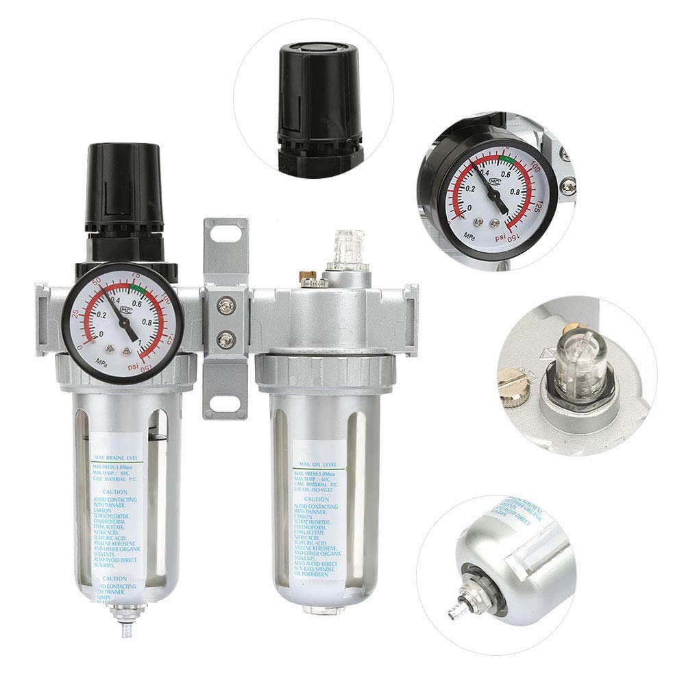 Lubrificatore Regolatore Filtro Aria Compressa Combo Regolatore di Pressione da 3/8 Pollici in Lega di Alluminio per Utensili Pneumatici e Applicazioni Pneumatiche (SFC200)