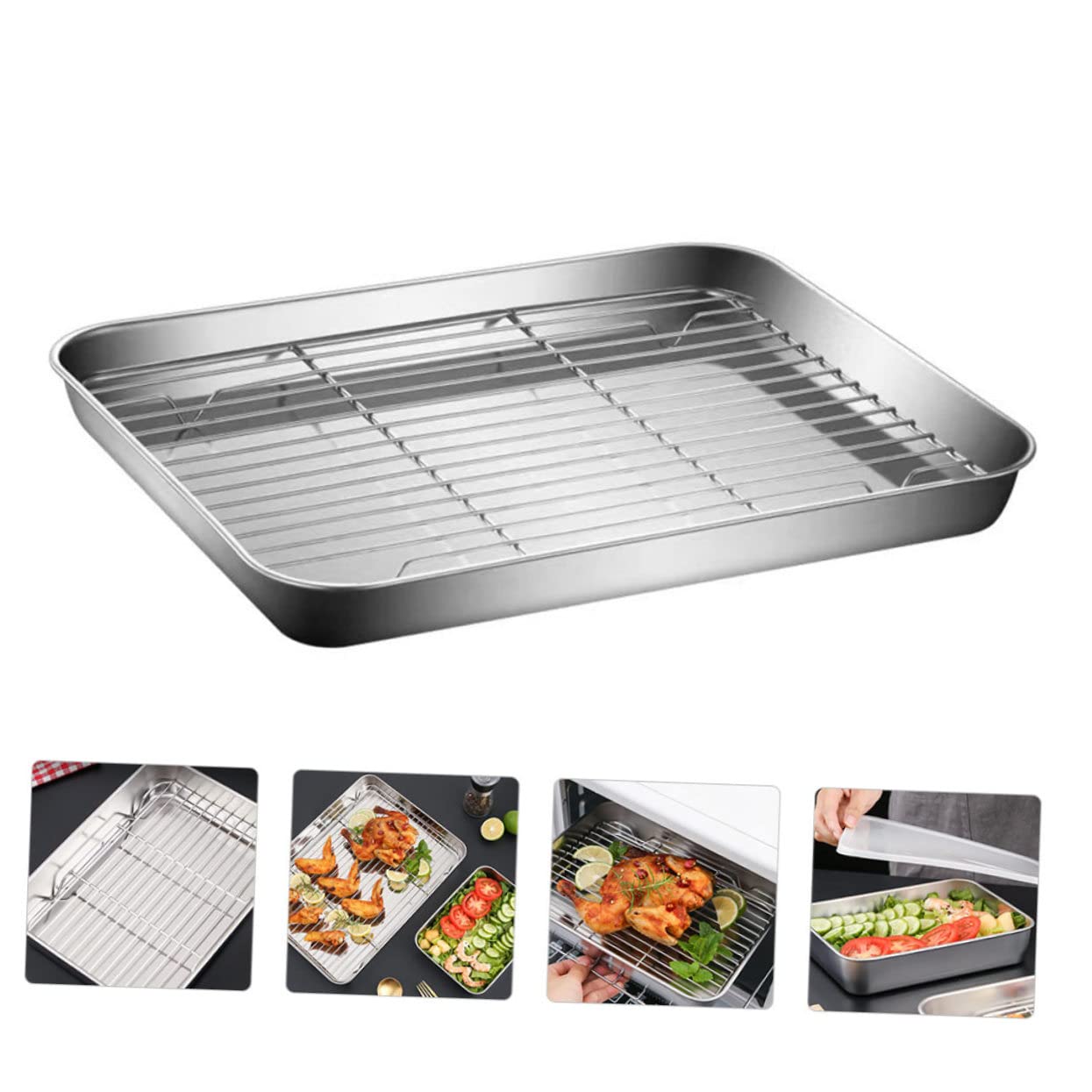 ULTECHNOVO Edelstahl Backblech Satz mit Rostfreiem Gitter Großer Volumen Backform im Japanischen Stil für Backen und Rösten Silberfarben