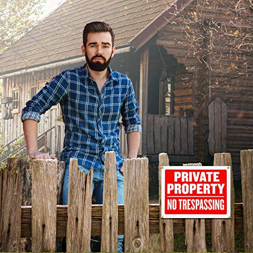 Private Property No Trespassing Sign - Red And White, Flexible Plastic, 9 X 12 Inches, High Visibility Waterproof Signboard Tags For Warning Security Alert (Pack Of 4) - By Hespex #TOP2