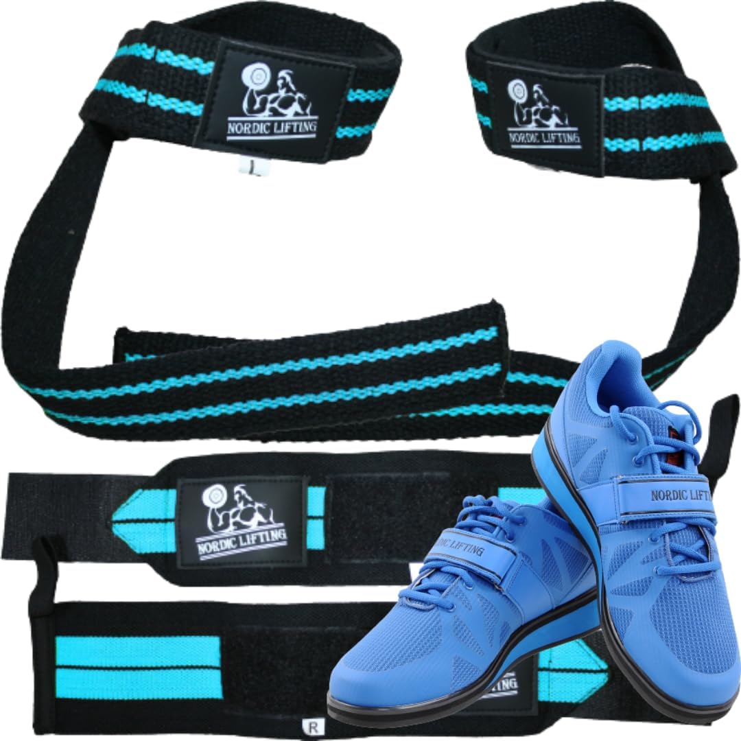 Wrist Wraps and Lifting Straps Bundle - Aqua Blue Bundle with Shoes Megin Size 8 - Blue