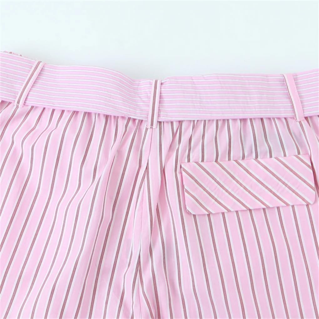 Women's Solid Color Casual Striped Suspender Top Shirt Trousers Three-Piece Set top M