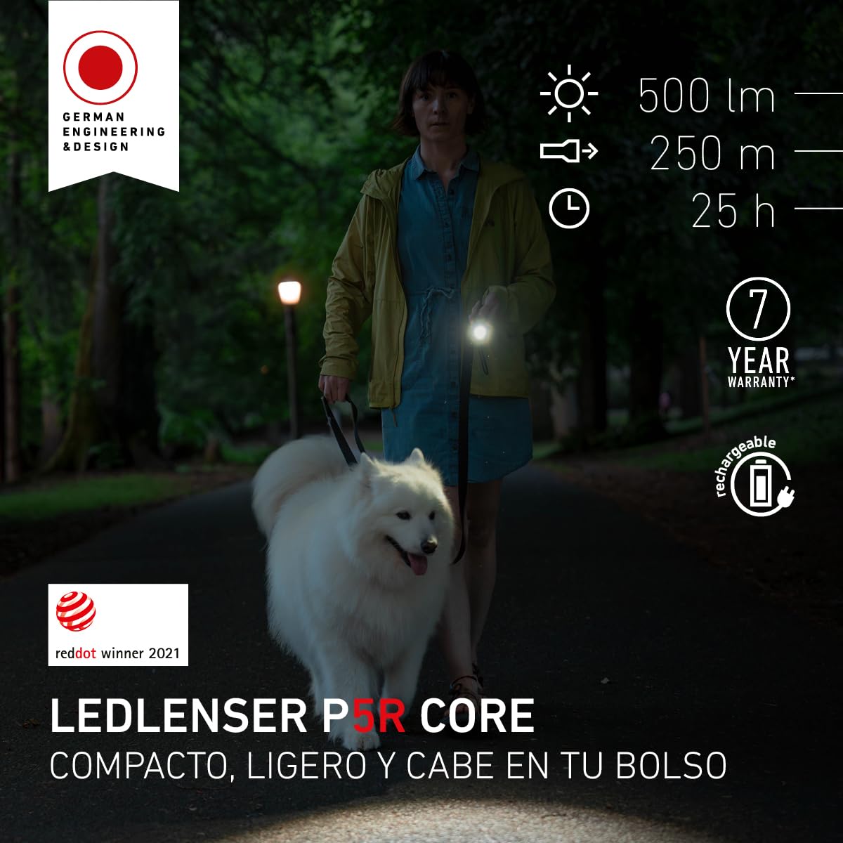 Ledlenser P5R Core Linterna Recargable, 500 lm, Alcance 250 m, Ligera 106 g | Enfoque ajustable, hasta 25h de autonomía, modos SOS y estroboscópico, ideal para senderismo y camping | 2020