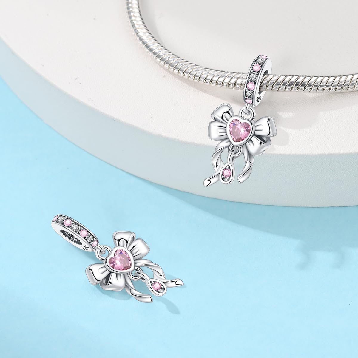 925 Sterling Silver Bead Charm for Pandora Bracelets and Necklaces,Pink Bow Cherry Butterfly Pendant Bead Charms Jewelry Present Valentines Gifts for Wife/Girlfriend Women - Image 3