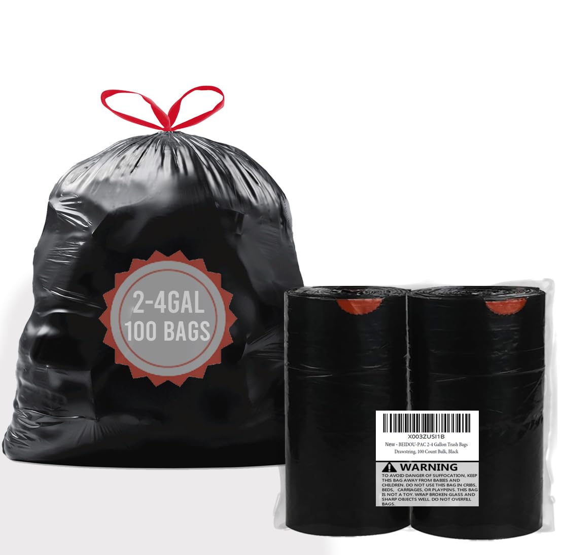 BEIDOU-PAC Bolsas de basura de 2 a 4 galones con cordón, 100 unidades a granel, bolsas de basura pequeñas multiusos negras y sin perfume, para negocios, hogar, baño, cocina, comercial e industrial