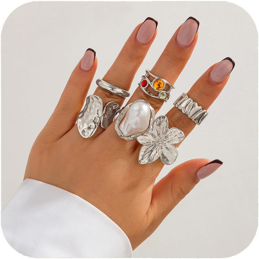 Chunky Gold Rings Set for Women Stackable Statement Flower Ring Sets Baroque Pearl Ring Chunky Jewelry Set