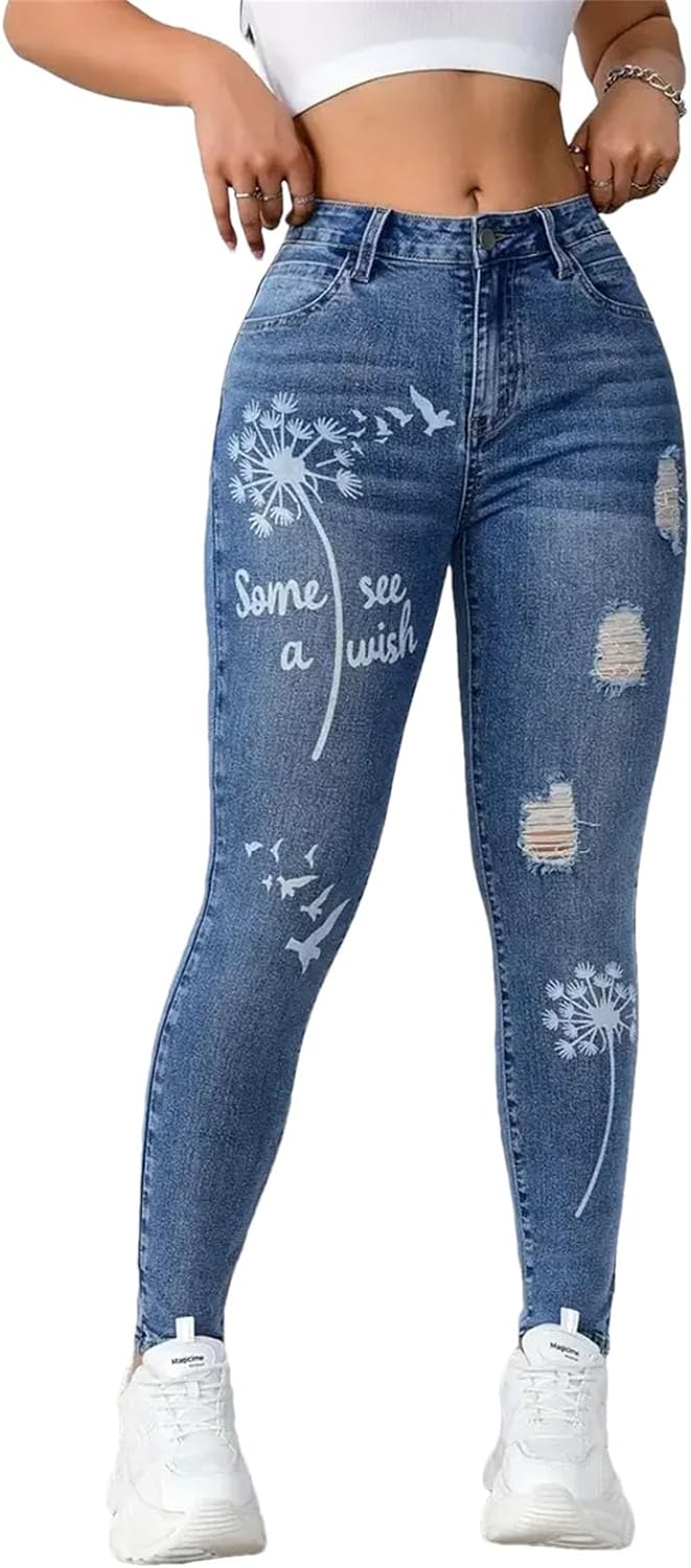 Womens High Waisted Stretch Denim Trousers Slim Fit Flower Print Skinny Jeans Fashion Ripped Pencil Pants