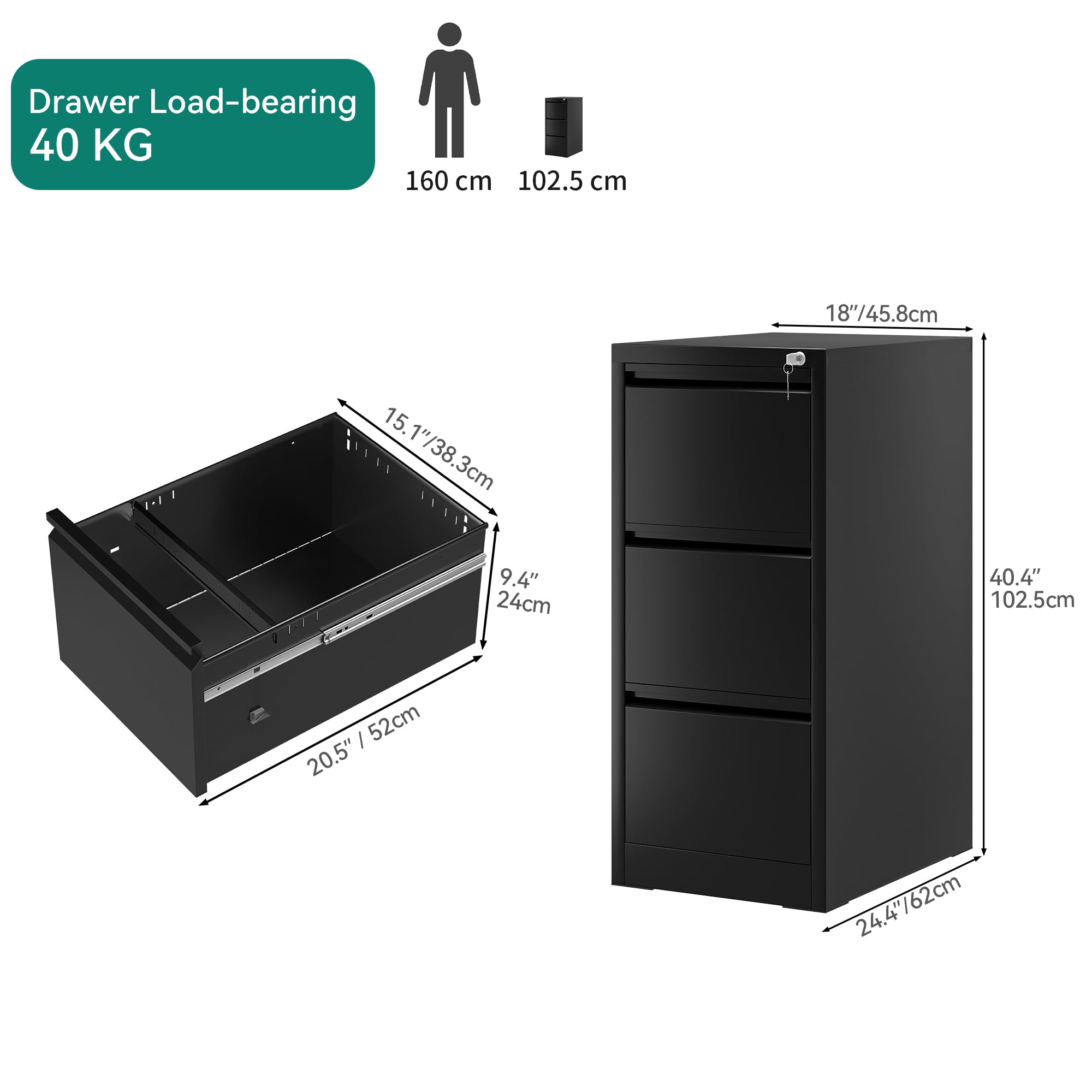 YITAHOME Aktenschrank mit 3 Abschließbaren Schubladen, Kippsicherer Rollender Aktenschrank mit Rädern für das Büro zu Hause, Unter-Pult-Aktenschränke, schwarz, 62 x 45.8 x 102.5cm
