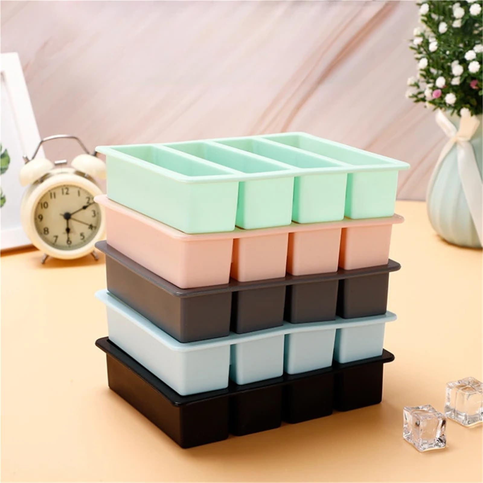 Cubiteras Para Hielo Cubitos de hielo gigantes de silicona de 4 rejillas, bandeja cuadrada de tiras largas, molde duradero for vino, whisky, utensilios de bar y cócteles.(4-color 4pcs)