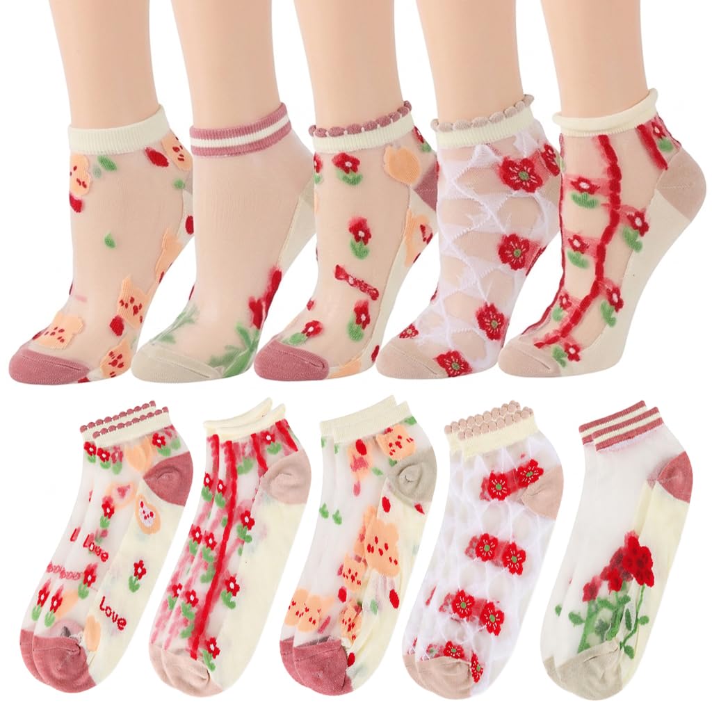 5 Pair Summer Ankle Socks for Women, Multicolor Thin Lace Transparent Embroidered Flowers Ankle Socks Cotton Sole, Breathable Summer Dress Hosiery-image-45