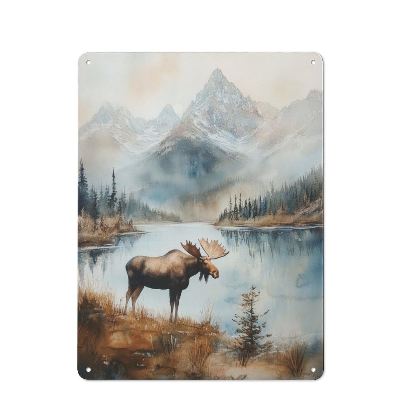 Junmoney Moose In Mountain Landscape Watercolor Retro Metal Gift Sign 40X30cm, Home Wall Decor For Flat, Dorm Room, Lounge Or Cafe