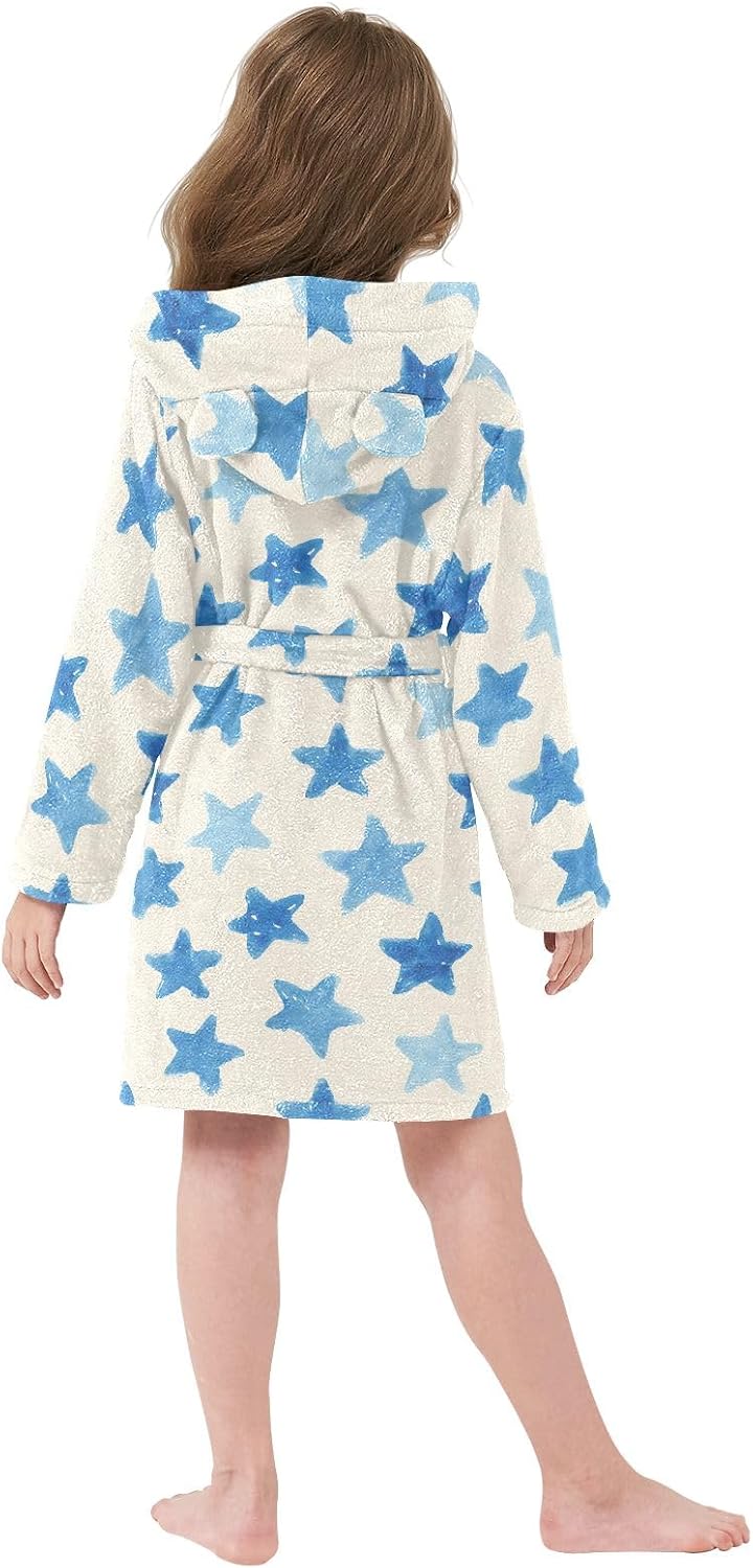 Cute Blue Star Pattern Toddler Hooded Bathrobe for Boys Girls Soft Plush Bath Towel Robe 2-12 Years