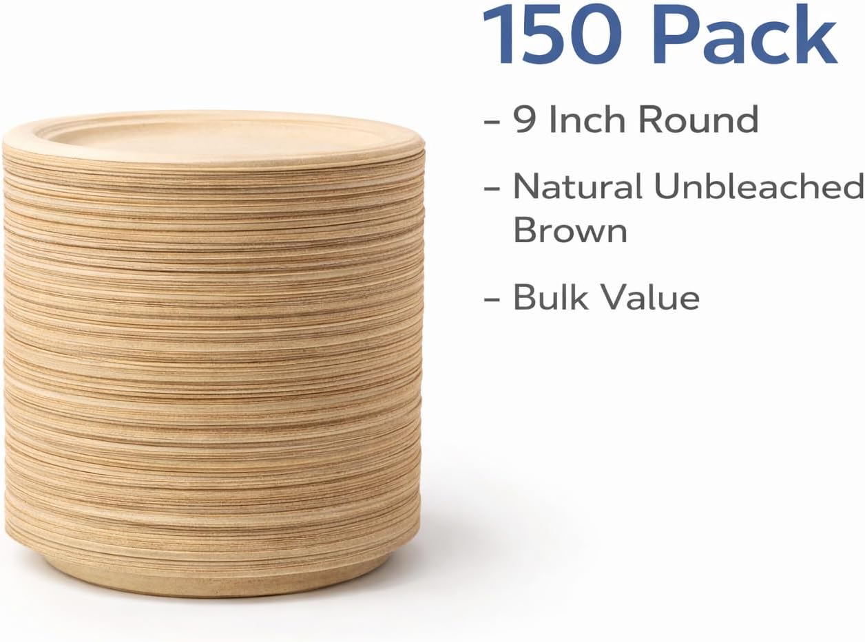 Compostable Paper Plates 150 Pack Heavy Duty Disposable Plates Bulk, 9 Inch Sugarcane Bagasse Natural Brown Unbleached Dinner Plate