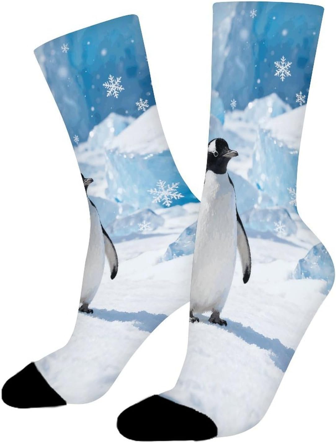 Penguin on White Ice Crew Socks Moisture Wicking Ankle High Cushioned Arch Support Seamless Toe Athletic & Casual