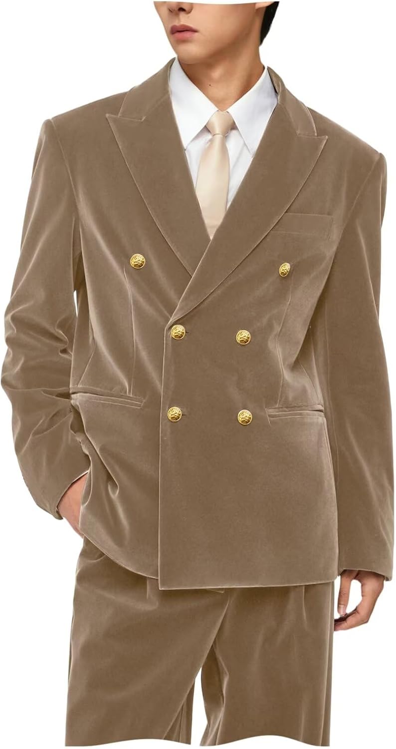 Men's 2 Piece Velvet Suit Set Double Breasted Blazer Pants Spring Autumn for Business Prom Wedding
