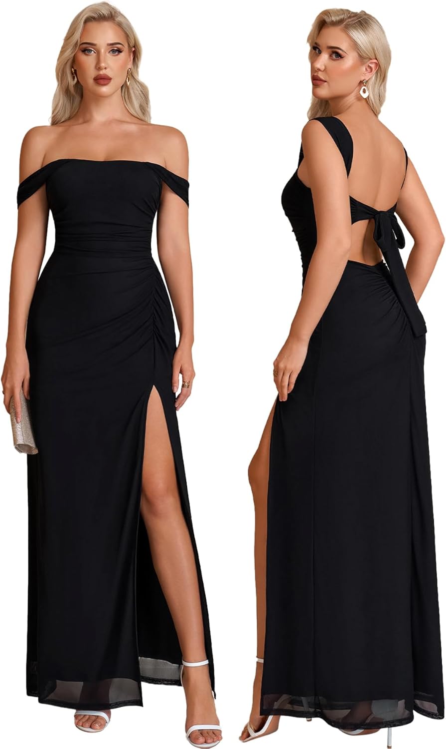 HTZMO Off The Shoulder Wedding Guest Floral Maxi Dress Back Bow Tie Split Ruched Bodycon Formal Long Dresses for Women