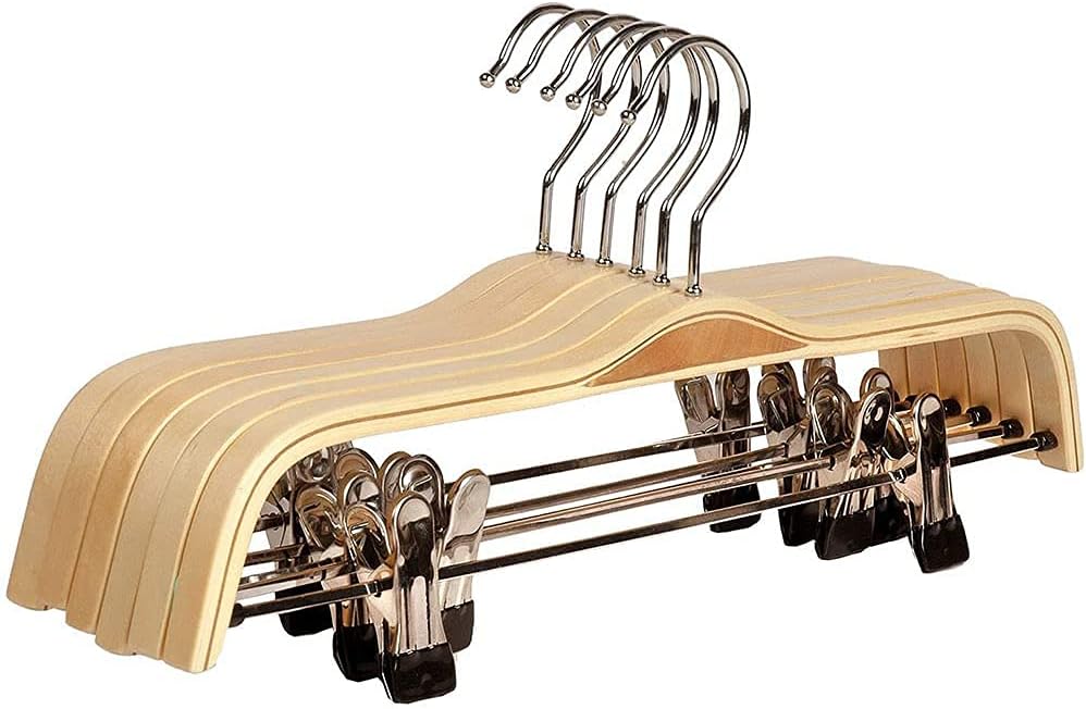 6PCS Wooden Skirt Hanger Clip Hangers Pant Hanger Non-Slip Trouser Hangers with Non Slip Adjustable Clips for Clothes Trouser and Coat Hanger