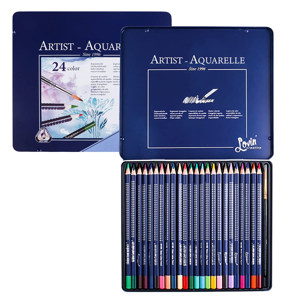 ITODA 24 Professional Watercolour Pencils Set with a Brush in Metal Box, Water Soluble Pencils Colored Art Drawing Pencils for Adult Artist Beginners, Drawing Sketching Painting Art Supplies — image 1