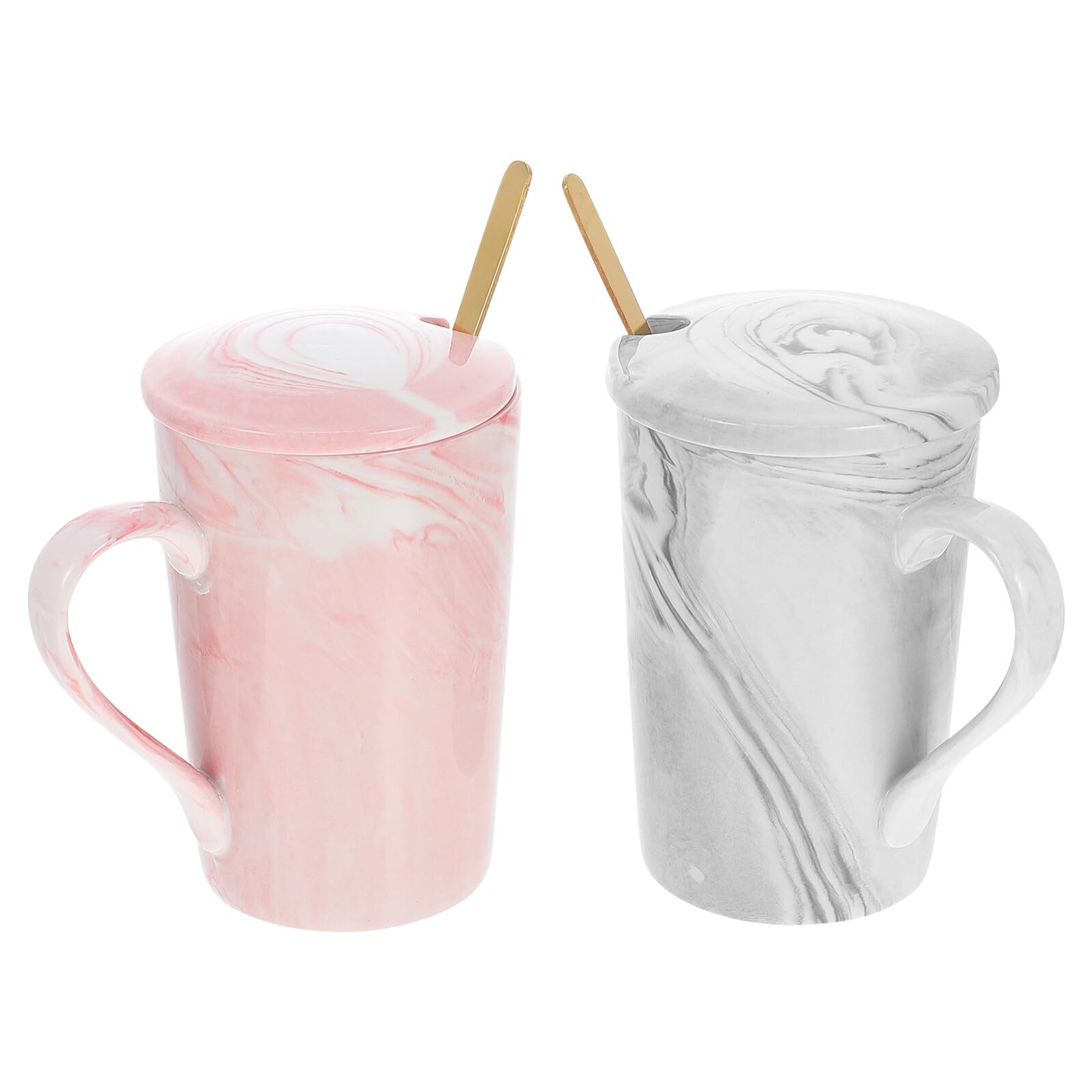 Tazas de Café de Mármol de Cerámica 2 Piezas Tapa y Cuchara Juego de Vasos para Beber Agua y Té en Casa U Oficina Diseño Moderno en Rosa y Gris para Obsequio