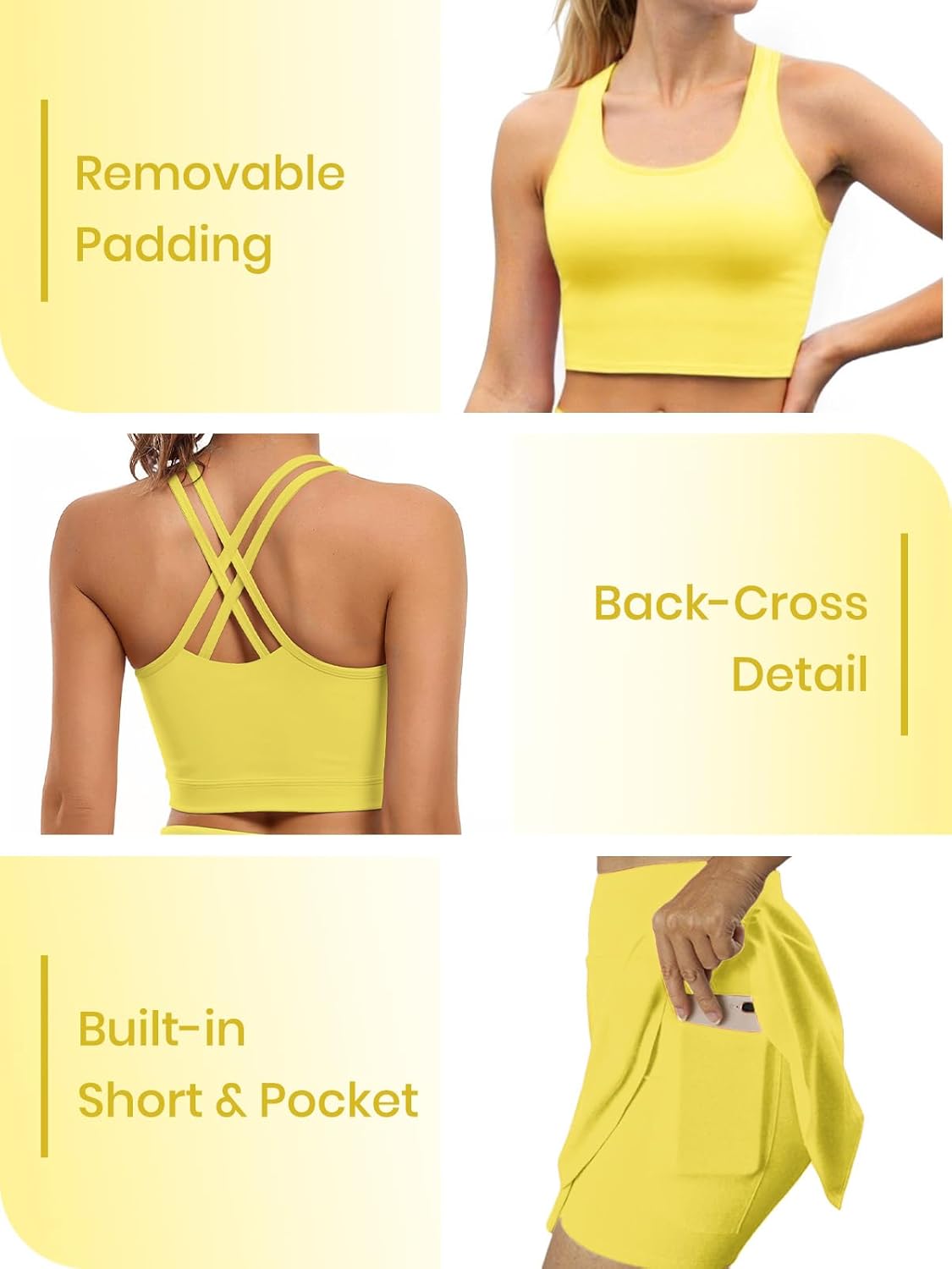 Womens Tennis Dress 2 Piece Set with Built-in Bra & Short Pockets Golf Cross-Back Tank Top and Puffed Skirt Outfit