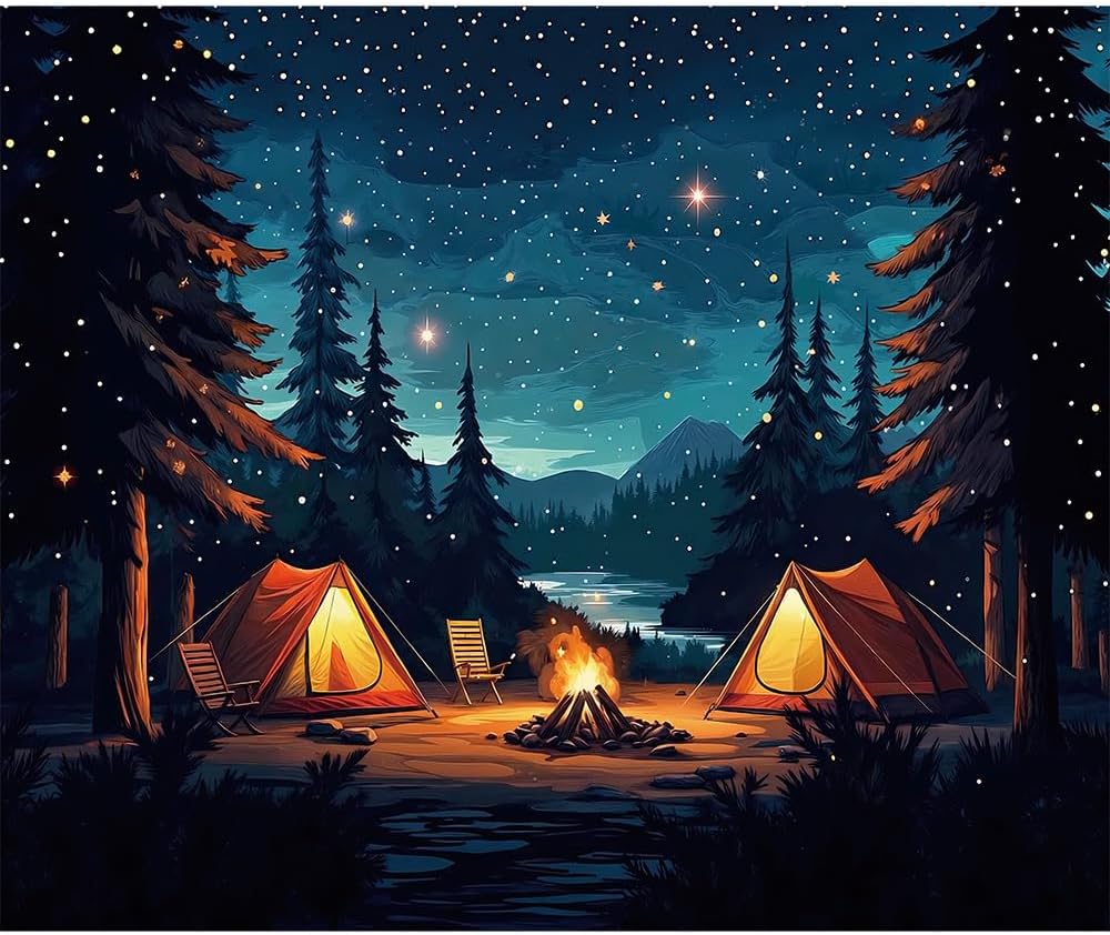 10x8ft Forest Scene Camping Backdrop, Starry Sky Tent Campfire Backdrop, Adventure Theme Photography Background for Children & Adults Birthday Party Decorations Supplies