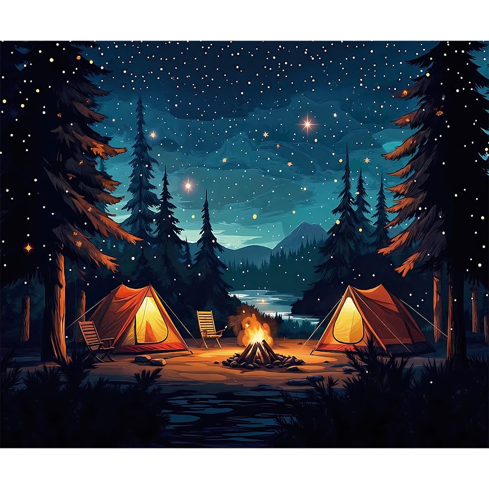 10x8ft Forest Scene Camping Backdrop, Starry Sky Tent Campfire Backdrop, Adventure Theme Photography Background for Children & Adults Birthday Party