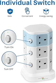 KOOSLA Tower Extension Lead, 13A 3250W, 12 Way, 6 USB