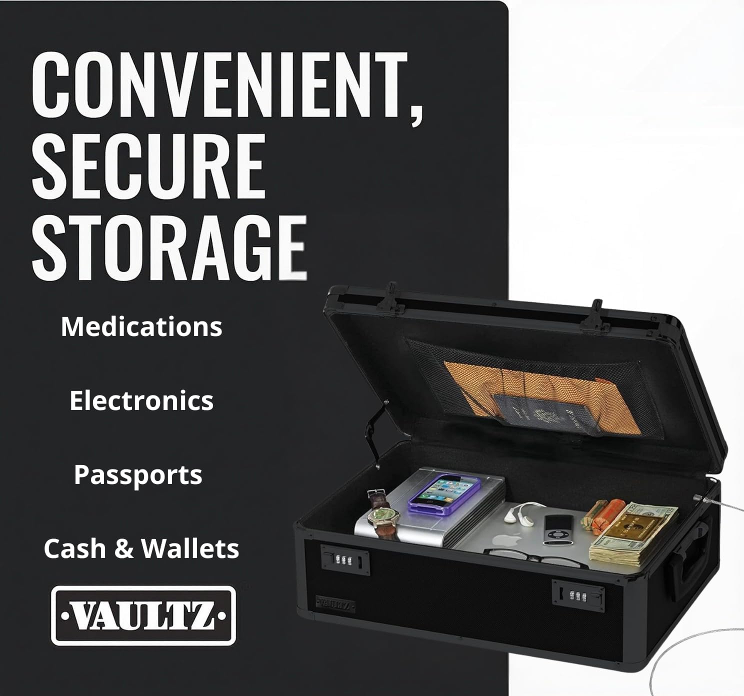 Vaultz Storage Lock Box - 6.5 x 19.25 x 13.5 Inch Lockable Dorm Storage Trunk with Combination Lock - Briefcase, Medicine Box, Lock Boxes for Personal Items, Cash, Laptop - Black on Black