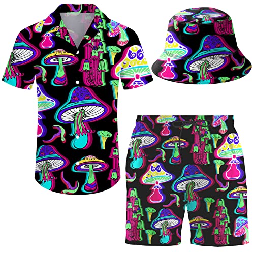 Mushroom Mens 2 Piece Hawaiian Shirt Shorts Button Down Rave Shirt and Shorts Sets with Bucket Hats S