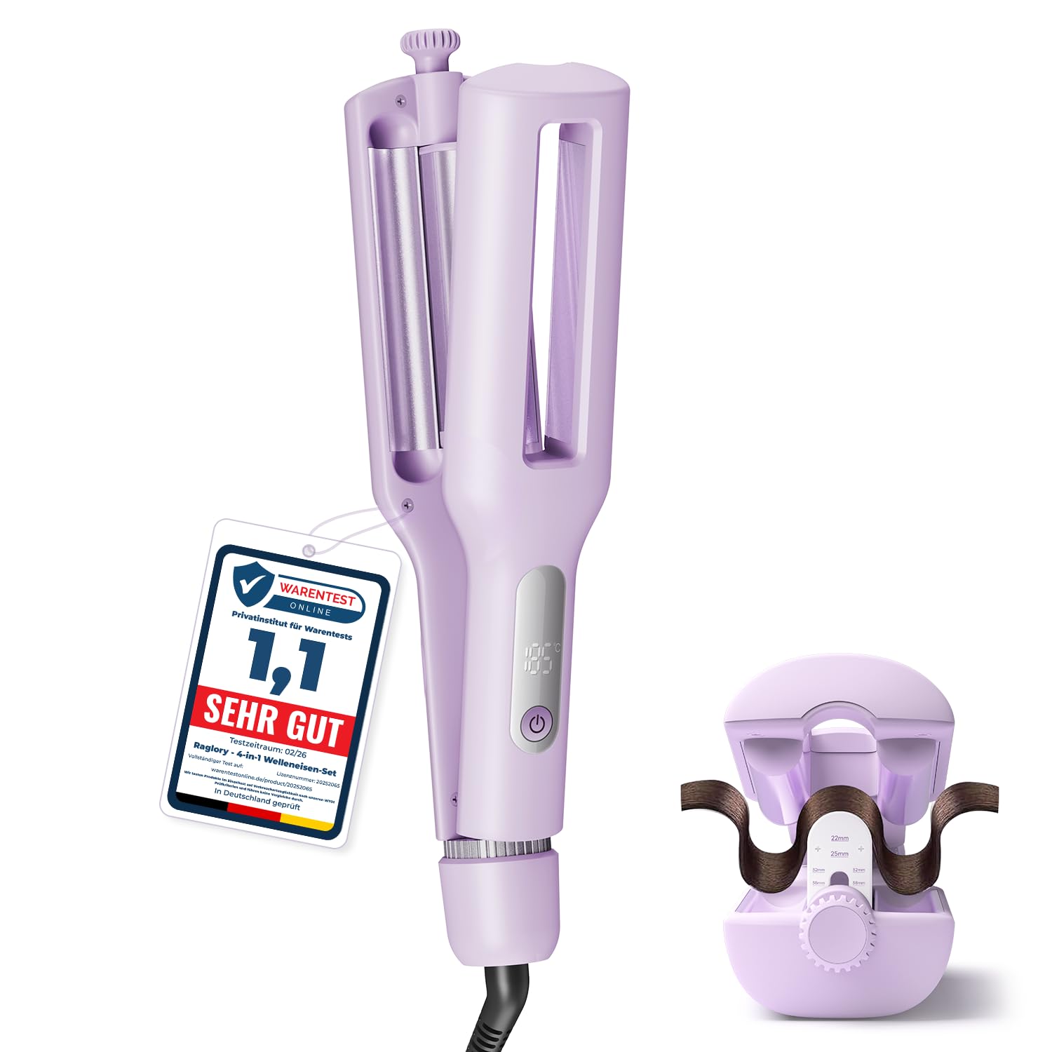 22/25/32/38mm Einstellbar Welleneisen für Haare - 4 In 1 Beach Waves Lockenstab, 3 Fässer Lockeneisen mit Anzeige, Verbrennungsschutz, Schnelle Heizung, 4 Temperaturen(140-210°C), Lila