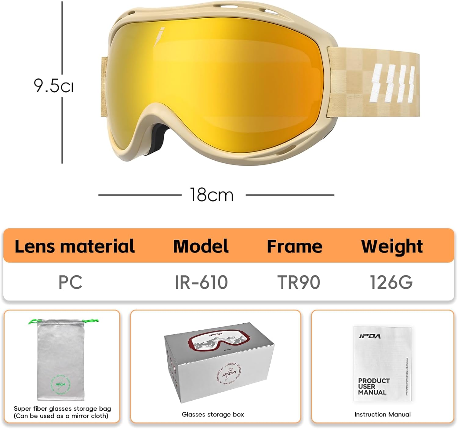 IPOA-Spherical Ski Goggles – PC Lens, TPU Frame, UV400 Protection, Anti-Fog Inner Lens, Snowboard & Skiing Eyewear