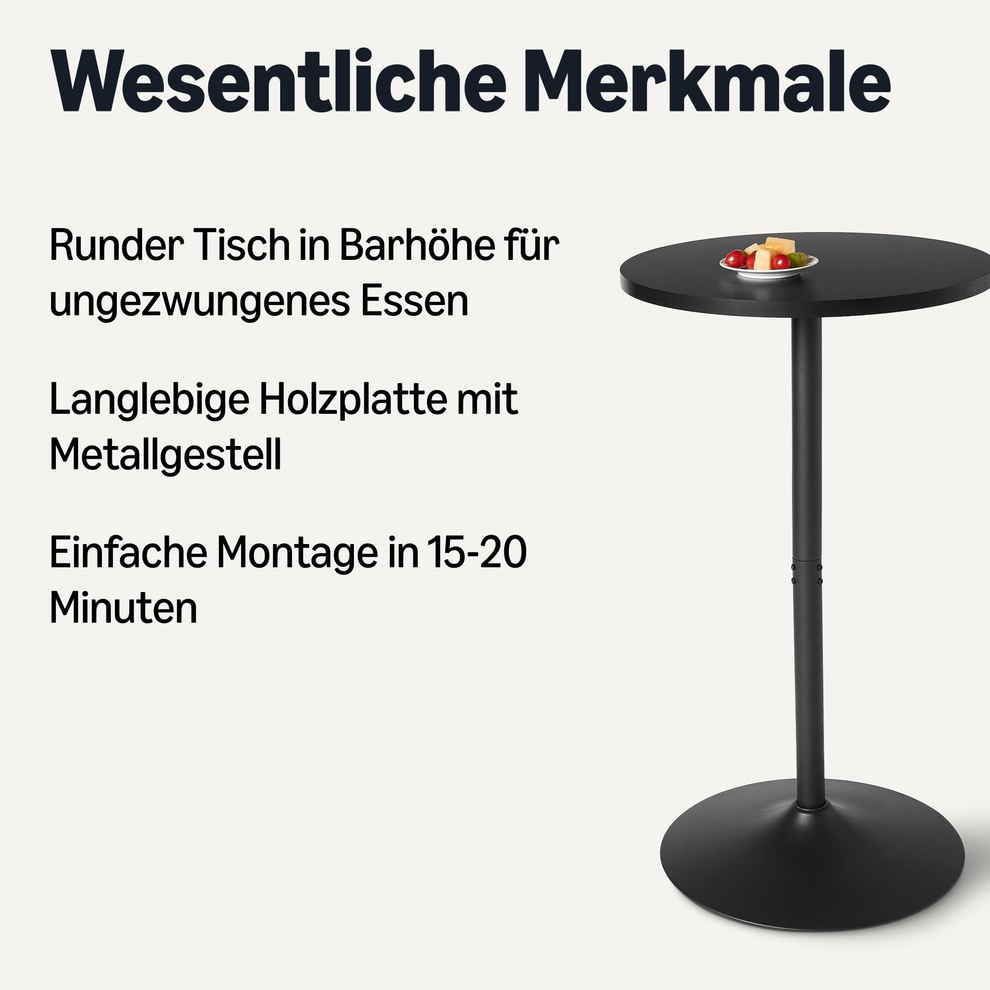 Amazon Basics Bartisch, Frühstückstisch, Bistrotisch, Rund, für den Innenbereich, 59,9cm x 59,9cm x 106,4cm, Schwarz