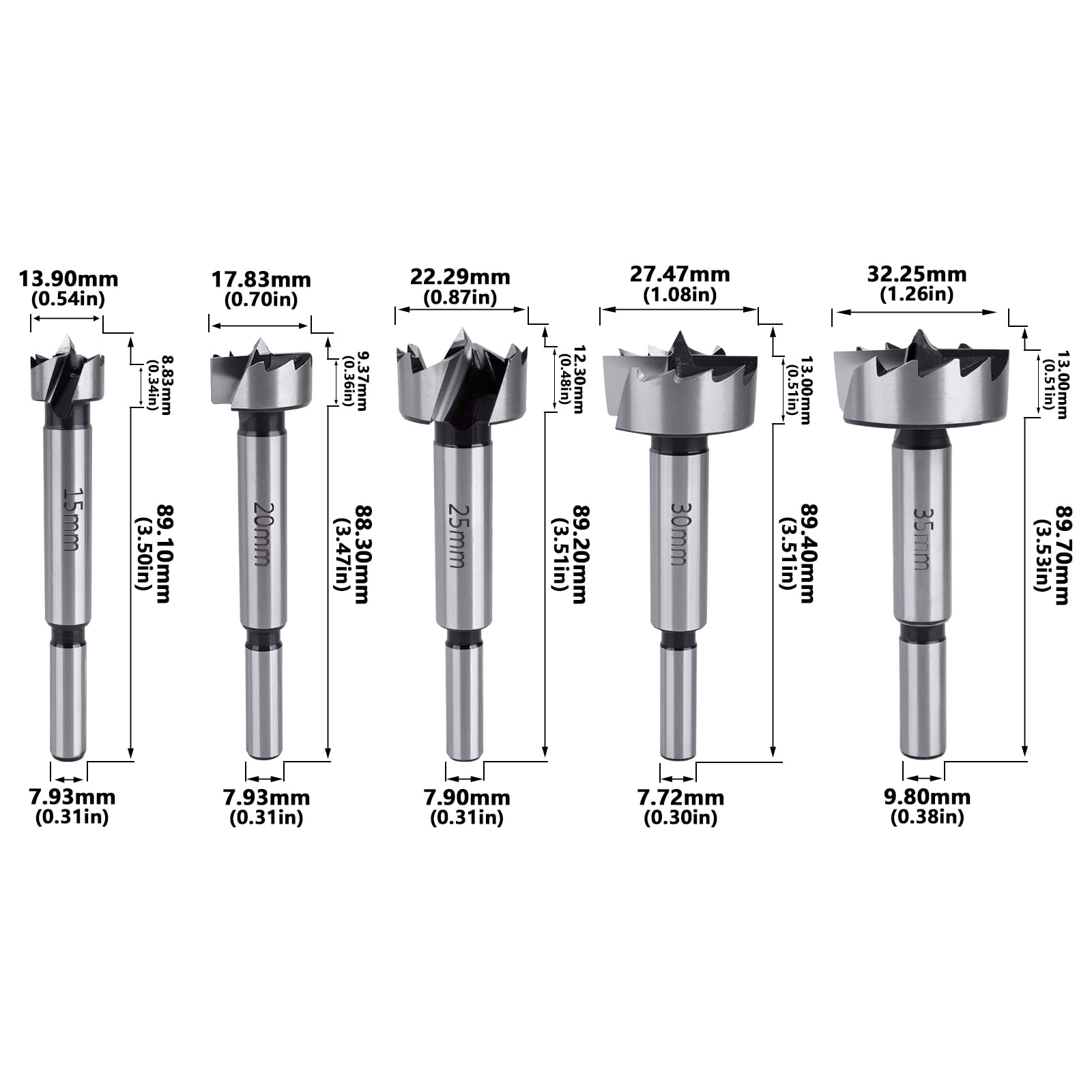 Forstner, set di 5 punte per legno in acciaio al carbonio con denti multipli per legno duro, plastica e compensato, gambo rotondo da 15 mm a 35 mm TS/KKQ-05