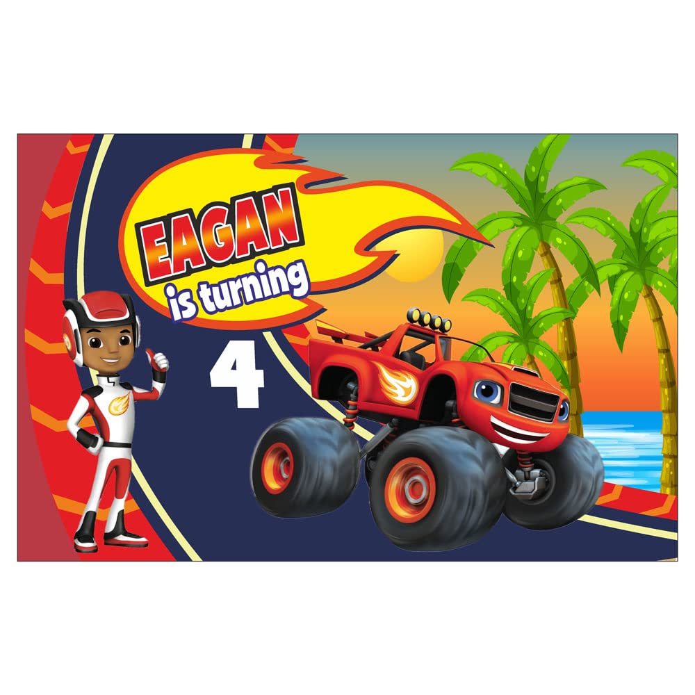 The Blu Party� Blaze & The Monster Truck Theme Birthday Backdrop/Banner with Birthday Baby Name & Age - 6x4 ft