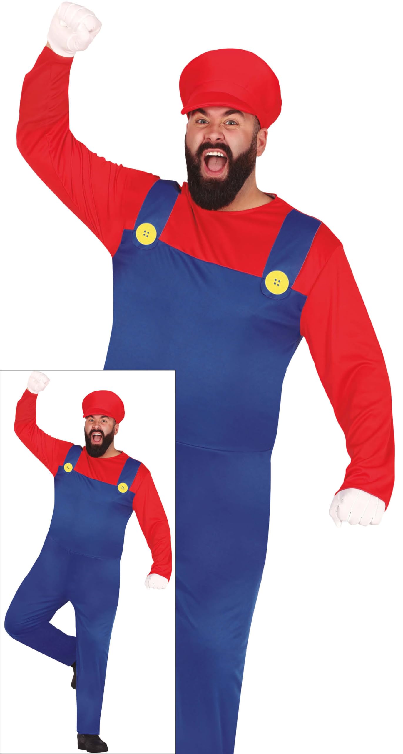 FIESTAS GUIRCA Red Plumber Hero Mens Fancy Dress Costume - Red Cap and Super Mechanic Jumpsuit - Video Game Fancy Dress Men Size XXL