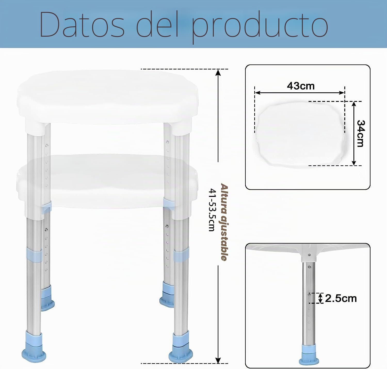 NAIZY Taburete de Ducha Silla de Ducha 70-90cm Taburete de baño Ajustable en Altura Ayuda a la Ducha Asiento de Ducha Antideslizante de Aluminio y plástico (Tipo A)
