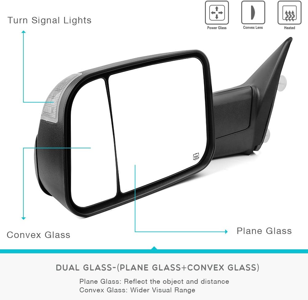 YITAMOTOR Towing Mirrors Compatible with Dodge Ram, 2009-2018 Ram 1500, 2010-2018 Ram 2500 3500 with Power Heated Led Turn Signal Light Puddle Lamp