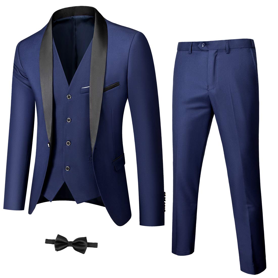 YNDMen's 3 Piece Slim Fit Tuxedo Set, One Button Shawl Collar Solid Jacket Vest Pants with Bow Tie