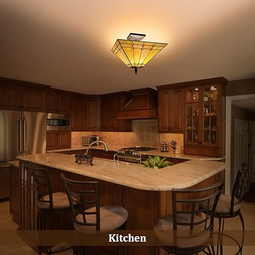 Miniatura 4 de Lámpara de techo estilo Tiffany de 14 pulgadas de ancho, estilo amarillo, vitral, decoración para sala de estar, comedor, dormitorio, pasillo,