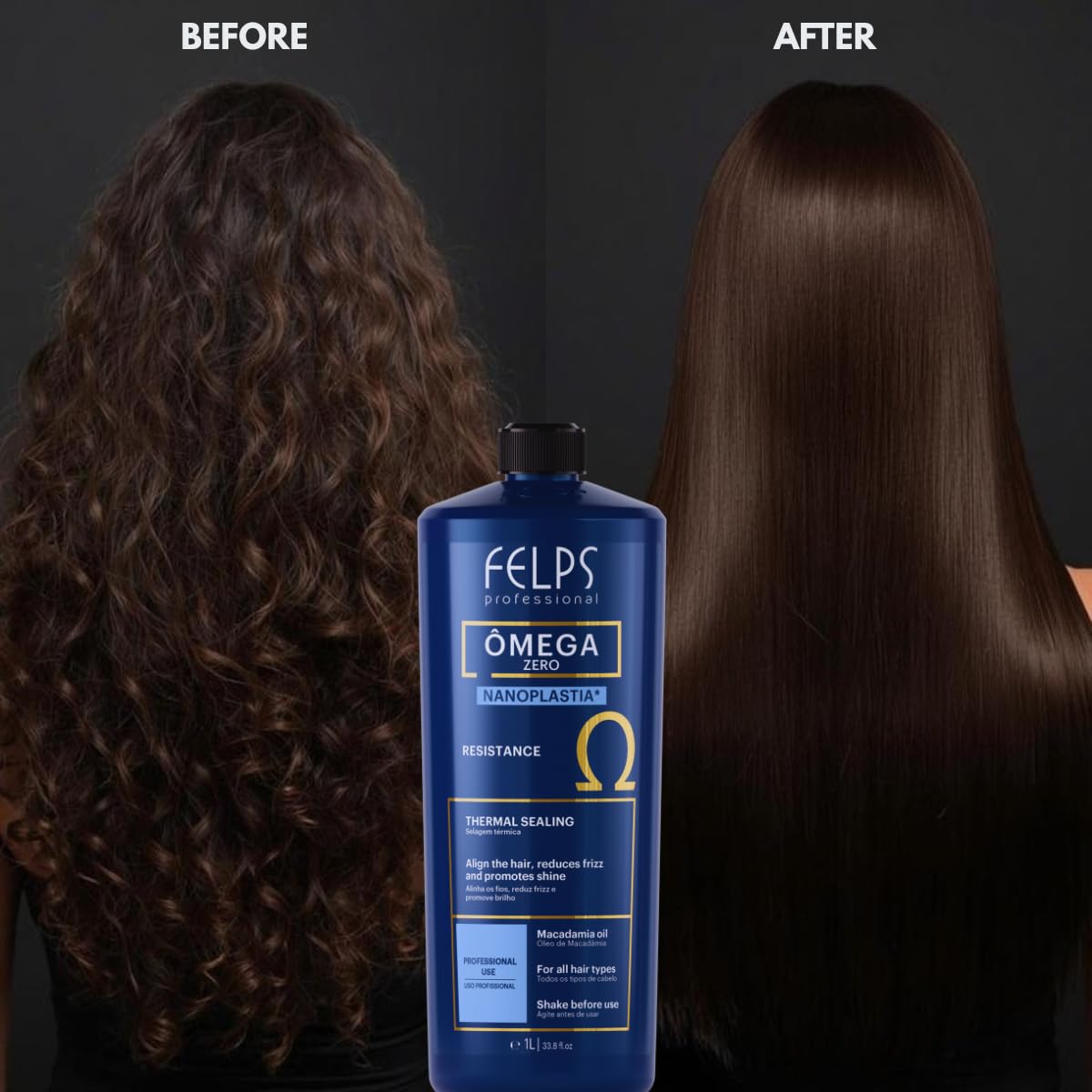 Kit Felps Professional Omega Zero Nanoplastia Brazilian Keratin Hair Straightening Treatment 1L with Marula Hyper-Nourishing Hair Mask 300g, Formaldehyde Free
