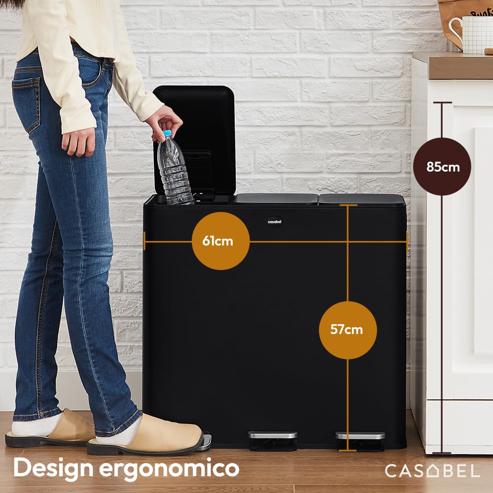 CASABEL Pattumiera Differenziata 3 Scomparti 3x20L, in Acciaio Inox Nero, Secchio Spazzatura - Pattumiera da Cucina per Riciclaggio Rettangolare a Pedale - Bidoni Differenziata da Interno