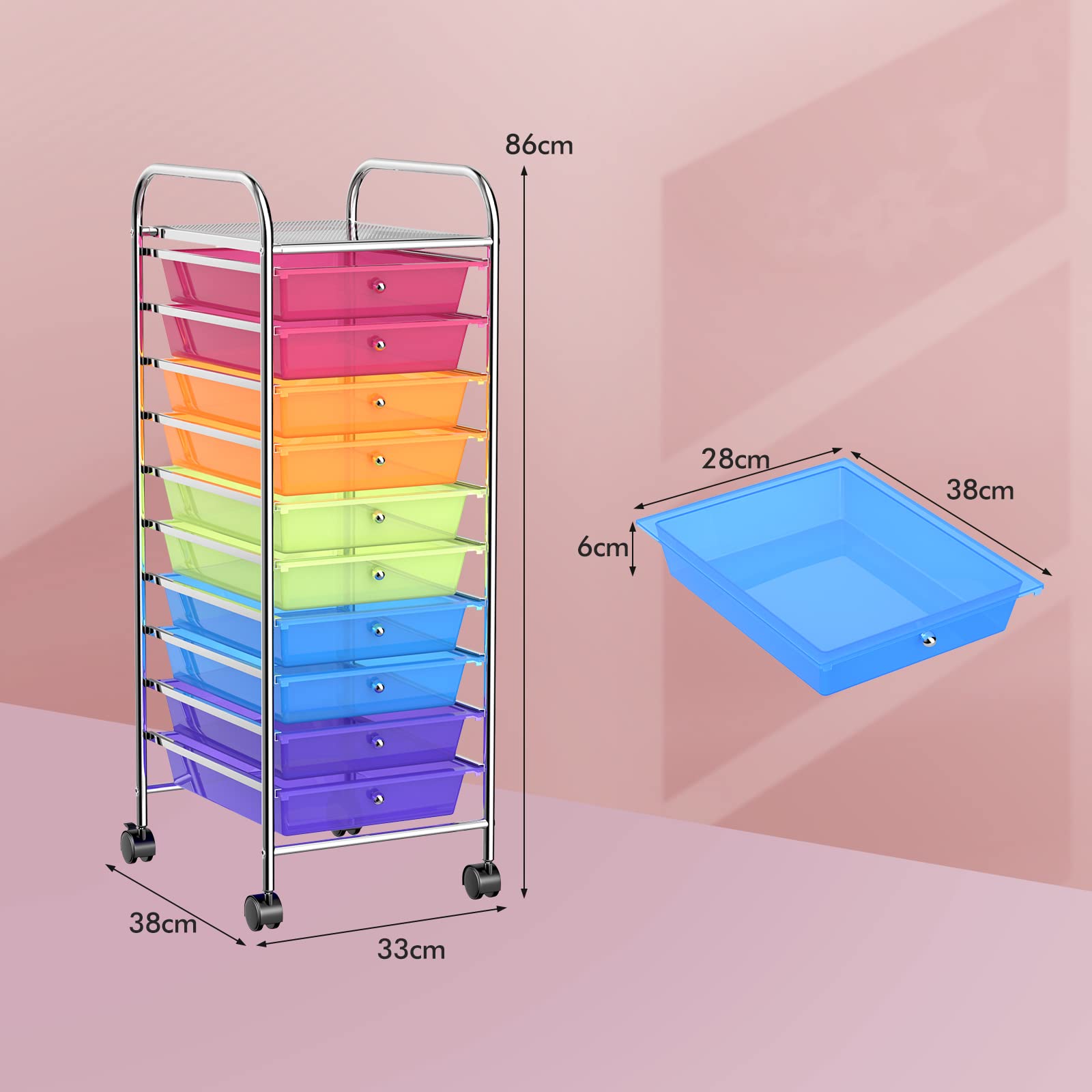 GOPLUS Chariot de Rangement à Roulettes avec 10 Tiroirs en PP, Tour de Rangement Mobile avec Poignée, Tablette Grand, Cadre en Métal, 37x33x86CM, Meuble Desserte pour Salle de Bain, Cuisine, Bureau