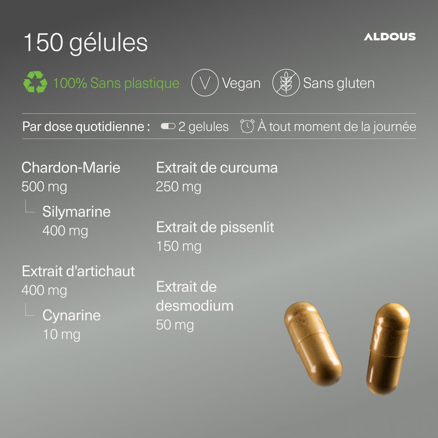 Chardon Marie avec Curcuma, Artichaut Pissenlit et Desmodium - 150 Gélules - 80% Silymarine - Hautement Concentré Extrait de Chardon Marie - Détox Foie, Digestion Difficile et Ballonnements - ALDOUS